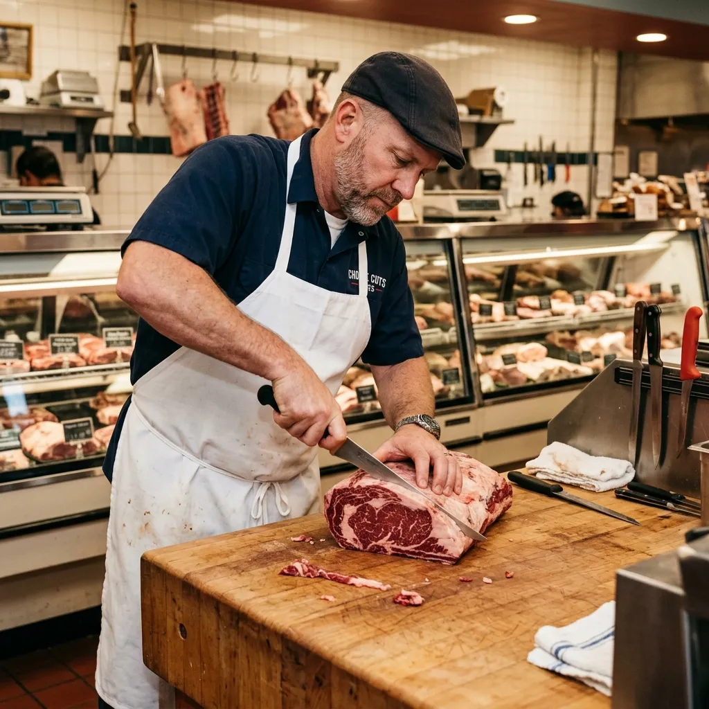 Butcher hand-cutting fresh meat at Bay Area Meat Market