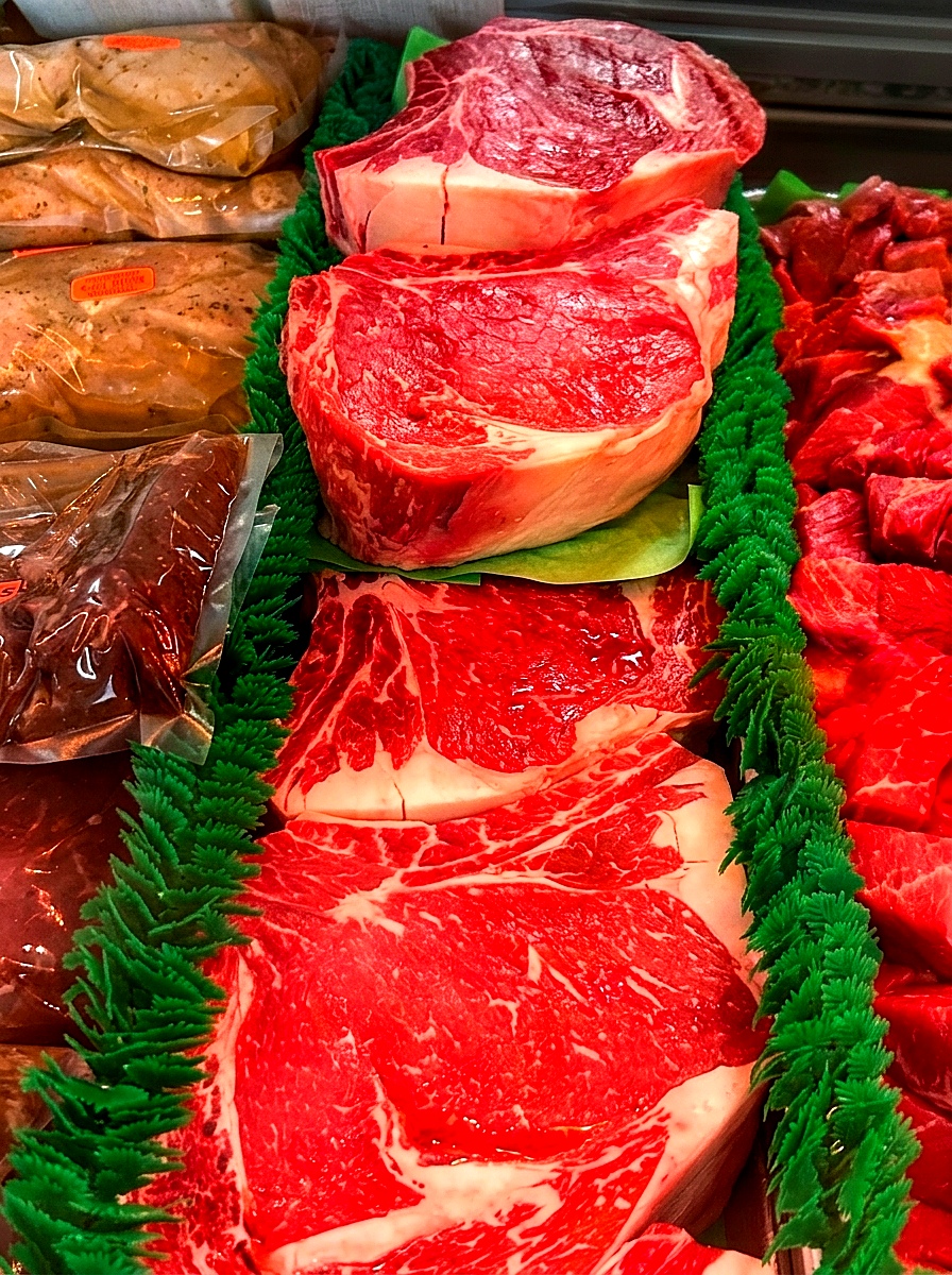 Fresh meat display case at Bay Area Meat Market
