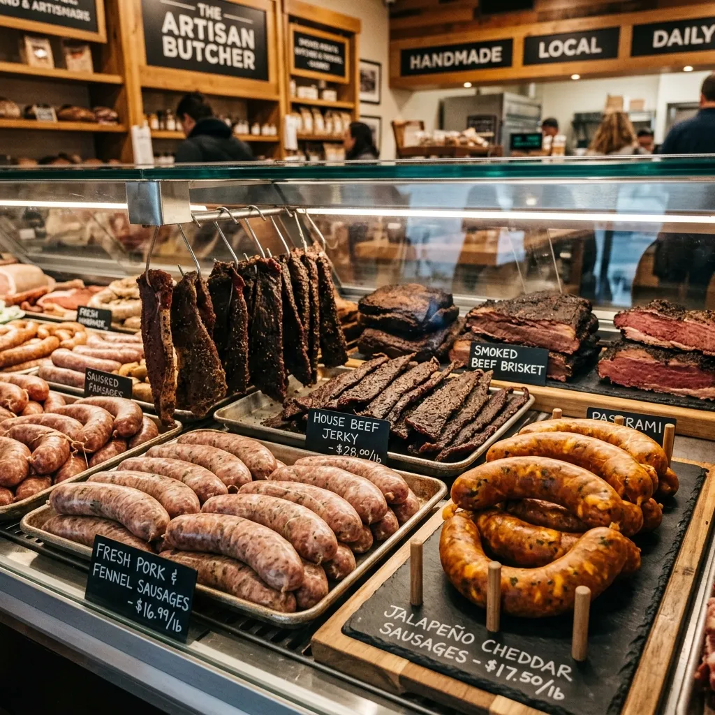 Fresh meat display case at Bay Area Meat Market